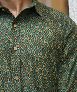 PRINTS VALLEY Men's Shirt Ajrakh Green Pear Motif Shirt 11 PRINTS VALLEY Men's Shirt Ajrakh Green Pear Motif Shirt