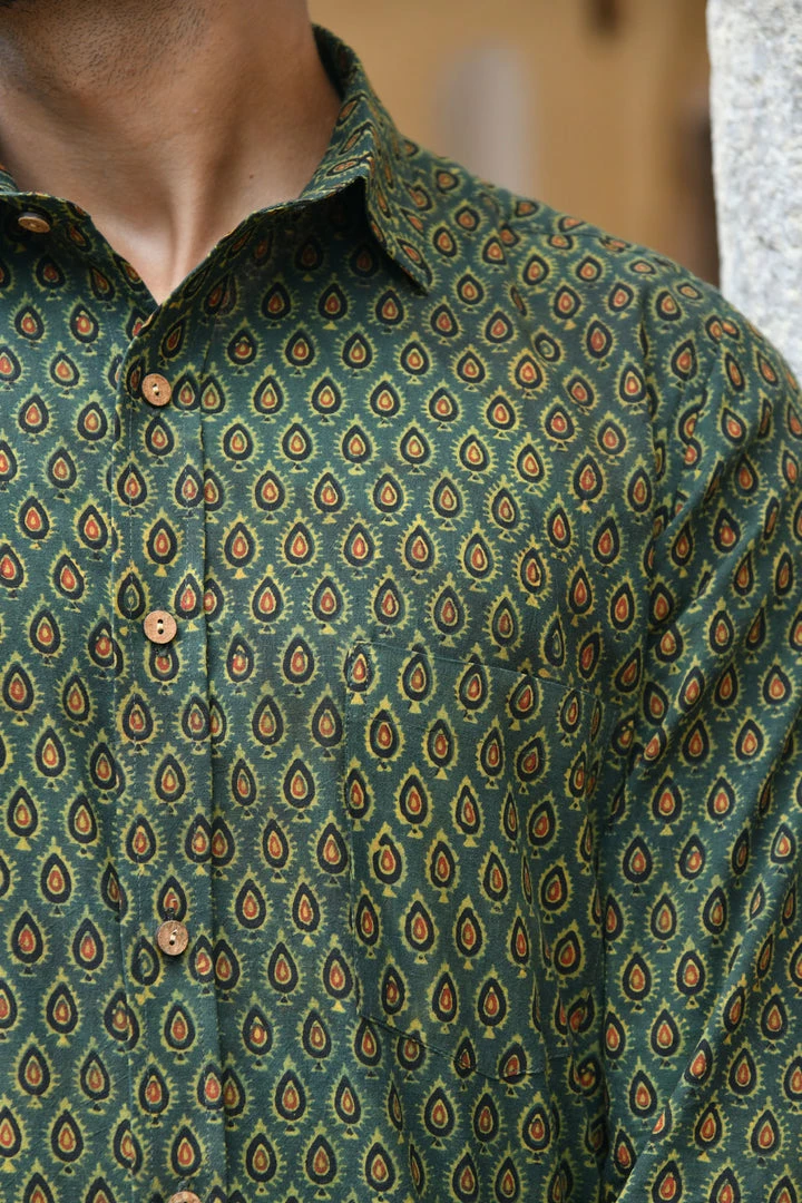 PRINTS VALLEY Men's Shirt Ajrakh Green Pear Motif Shirt 6 PRINTS VALLEY Men's Shirt Ajrakh Green Pear Motif Shirt