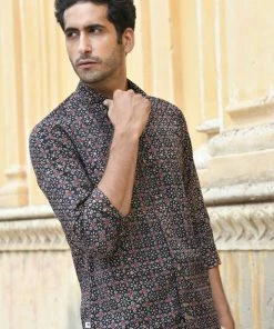 PRINTS VALLEY Men's Shirt Ajrakh Black Floret Shirt