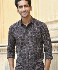PRINTS VALLEY Men's Shirt Ajrakh Black Floret Shirt