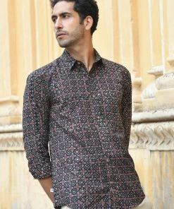 PRINTS VALLEY Men's Shirt Ajrakh Black Floret Shirt