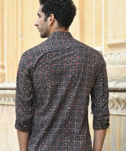PRINTS VALLEY Men's Shirt Ajrakh Black Floret Shirt