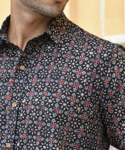PRINTS VALLEY Men's Shirt Ajrakh Black Floret Shirt