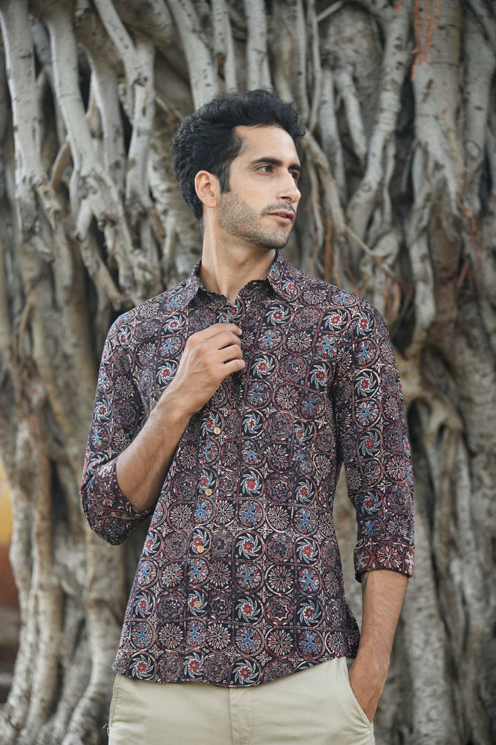PRINTS VALLEY Men's Shirt Ajrakh Black Multi Pattern Shirt 4 PRINTS VALLEY Men's Shirt Ajrakh Black Multi Pattern Shirt