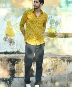 PRINTS VALLEY Men's Shirt Ajrak Mustard Block Print Shirt