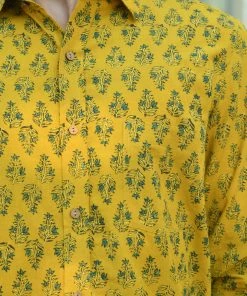 PRINTS VALLEY Men's Shirt Ajrak Mustard Block Print Shirt