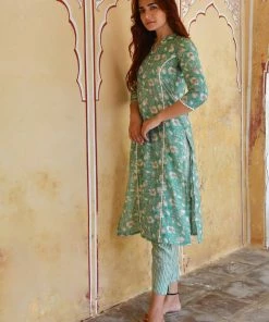PRINTS VALLEY Turquoise Floral Stripe Kurta Set