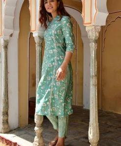 PRINTS VALLEY Turquoise Floral Stripe Kurta Set