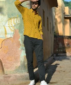 PRINTS VALLEY Ajrak Mustard Dot Flower Shirt Men's Shirt