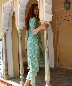 PRINTS VALLEY Turquoise Floral Stripe Kurta Set