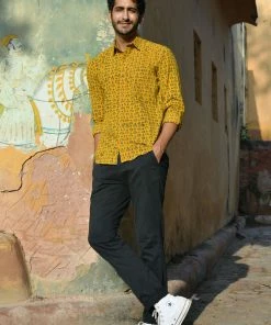 PRINTS VALLEY Ajrak Mustard Dot Flower Shirt Men's Shirt
