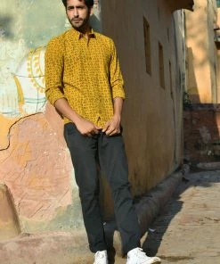 PRINTS VALLEY Ajrak Mustard Dot Flower Shirt Men's Shirt