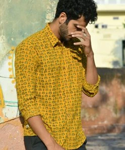 PRINTS VALLEY Ajrak Mustard Dot Flower Shirt Men's Shirt