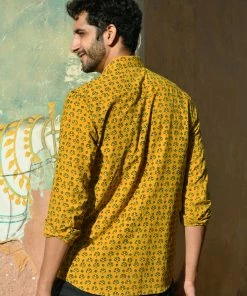 PRINTS VALLEY Ajrak Mustard Dot Flower Shirt Men's Shirt