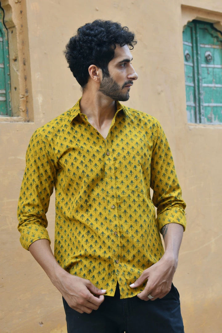 PRINTS VALLEY Ajrak Mustard Tulip Shirt 1 PRINTS VALLEY Ajrak Mustard Tulip Shirt