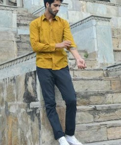 PRINTS VALLEY Men's Shirt Ajrak Mustard Patel Jaal Shirt