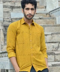 PRINTS VALLEY Men's Shirt Ajrak Mustard Patel Jaal Shirt