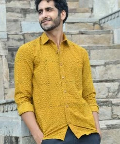 PRINTS VALLEY Men's Shirt Ajrak Mustard Patel Jaal Shirt