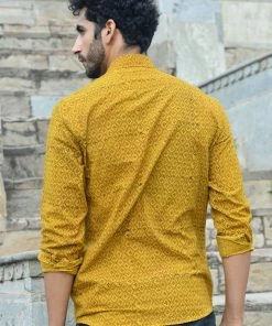 PRINTS VALLEY Men's Shirt Ajrak Mustard Patel Jaal Shirt