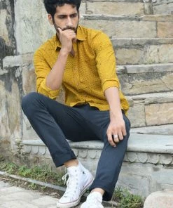 PRINTS VALLEY Men's Shirt Ajrak Mustard Patel Jaal Shirt