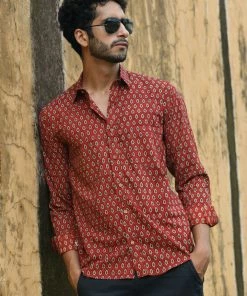 PRINTS VALLEY Men's Shirt Ajrak Madder Red Pear Motif Shirt