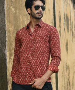PRINTS VALLEY Men's Shirt Ajrak Madder Red Pear Motif Shirt