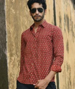 PRINTS VALLEY Men's Shirt Ajrak Madder Red Pear Motif Shirt