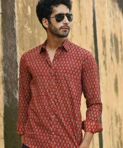 PRINTS VALLEY Men's Shirt Ajrak Madder Red Pear Motif Shirt