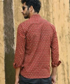 PRINTS VALLEY Men's Shirt Ajrak Madder Red Pear Motif Shirt