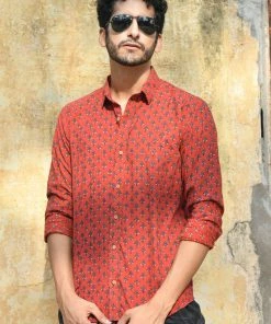 PRINTS VALLEY Men's Shirt Ajrak Madder Red Tulip Shirt 7 PRINTS VALLEY Men's Shirt Ajrak Madder Red Tulip Shirt