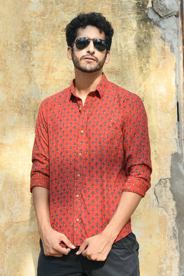 PRINTS VALLEY Men's Shirt Ajrak Madder Red Tulip Shirt 2 PRINTS VALLEY Men's Shirt Ajrak Madder Red Tulip Shirt