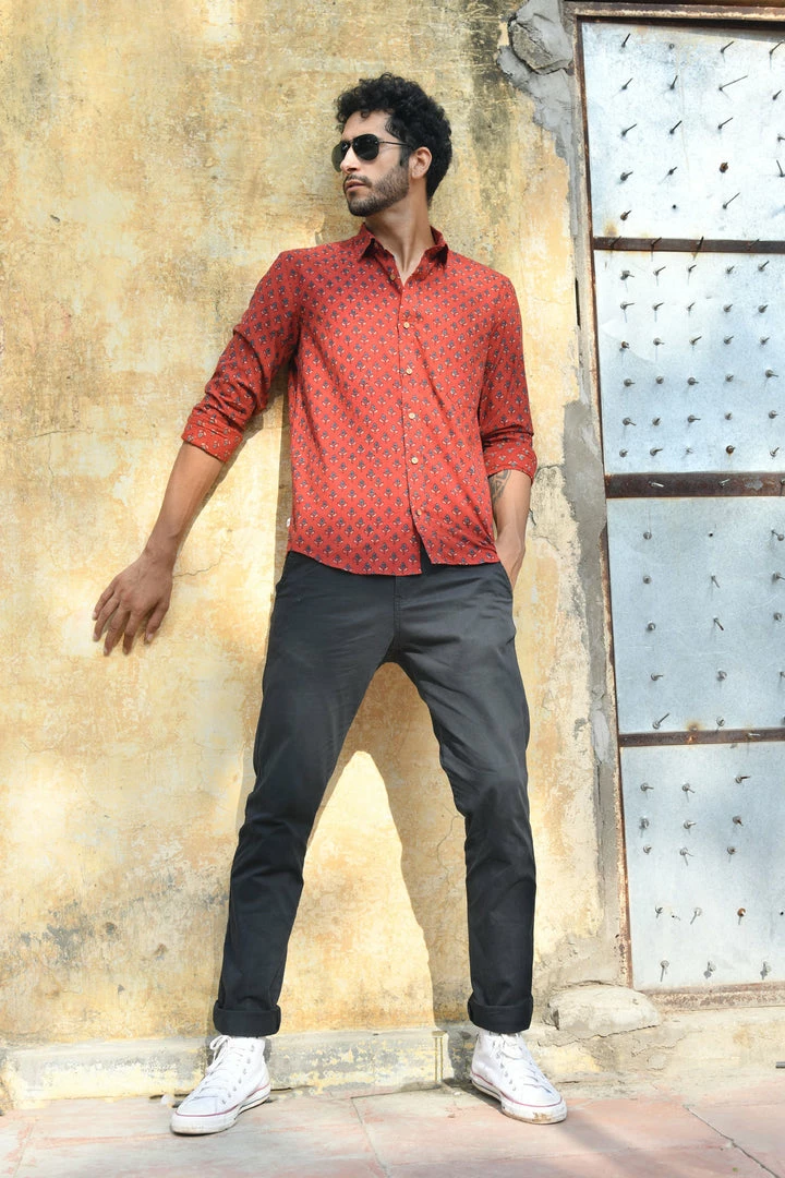 PRINTS VALLEY Men's Shirt Ajrak Madder Red Tulip Shirt 3 PRINTS VALLEY Men's Shirt Ajrak Madder Red Tulip Shirt