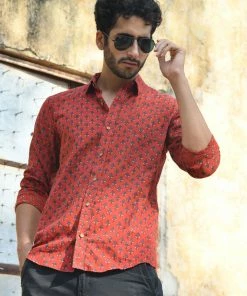 PRINTS VALLEY Men's Shirt Ajrak Madder Red Tulip Shirt 9 PRINTS VALLEY Men's Shirt Ajrak Madder Red Tulip Shirt