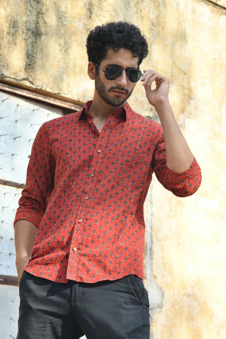 PRINTS VALLEY Men's Shirt Ajrak Madder Red Tulip Shirt 4 PRINTS VALLEY Men's Shirt Ajrak Madder Red Tulip Shirt