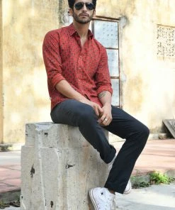 PRINTS VALLEY Men's Shirt Ajrak Madder Red Tulip Shirt 10 PRINTS VALLEY Men's Shirt Ajrak Madder Red Tulip Shirt