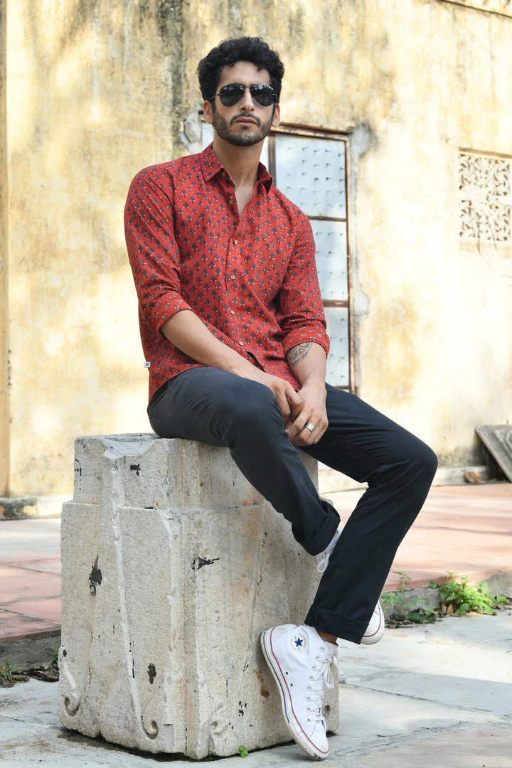 PRINTS VALLEY Men's Shirt Ajrak Madder Red Tulip Shirt 5 PRINTS VALLEY Men's Shirt Ajrak Madder Red Tulip Shirt