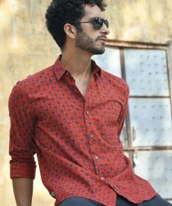 PRINTS VALLEY Men's Shirt Ajrak Madder Red Tulip Shirt 11 PRINTS VALLEY Men's Shirt Ajrak Madder Red Tulip Shirt