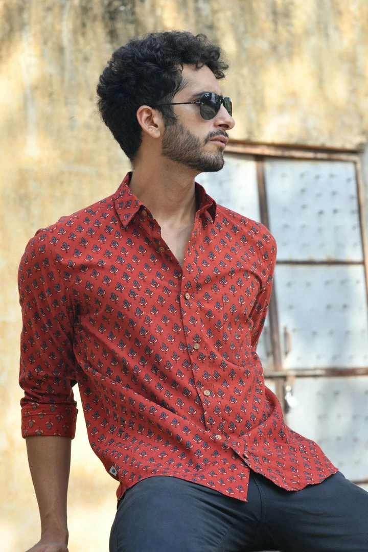 PRINTS VALLEY Men's Shirt Ajrak Madder Red Tulip Shirt 6 PRINTS VALLEY Men's Shirt Ajrak Madder Red Tulip Shirt