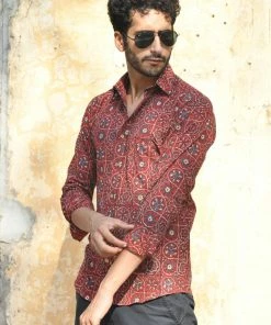 PRINTS VALLEY Men's Shirt Ajrak Madder Red Multi Patterned Butta Shirt