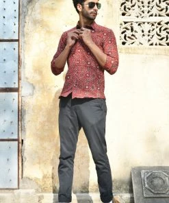 PRINTS VALLEY Men's Shirt Ajrak Madder Red Multi Patterned Butta Shirt