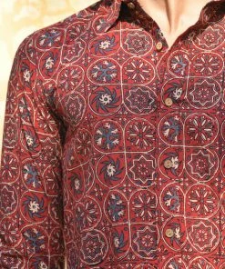 PRINTS VALLEY Men's Shirt Ajrak Madder Red Multi Patterned Butta Shirt