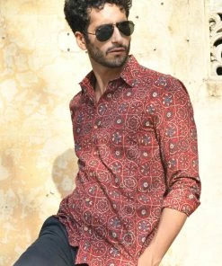 PRINTS VALLEY Men's Shirt Ajrak Madder Red Multi Patterned Butta Shirt