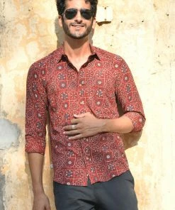 PRINTS VALLEY Men's Shirt Ajrak Madder Red Multi Patterned Butta Shirt