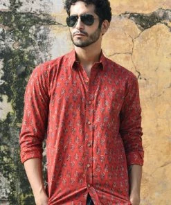 PRINTS VALLEY Men's Shirt Ajrak Madder Red Block Print Shirt