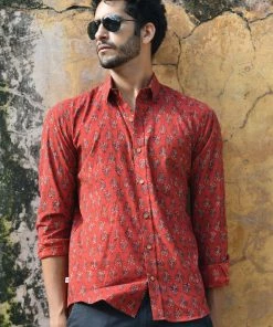 PRINTS VALLEY Men's Shirt Ajrak Madder Red Block Print Shirt