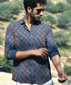 PRINTS VALLEY Men's Shirt Ajrak Blue Ogee Arch Shirt