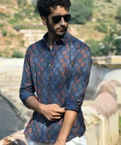 PRINTS VALLEY Men's Shirt Ajrak Blue Ogee Arch Shirt