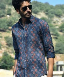 PRINTS VALLEY Men's Shirt Ajrak Blue Ogee Arch Shirt