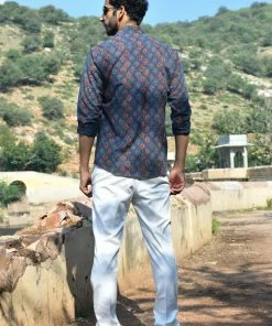 PRINTS VALLEY Men's Shirt Ajrak Blue Ogee Arch Shirt