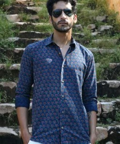 PRINTS VALLEY Ajrak Blue Lotus Butta Shirt Men's Shirt